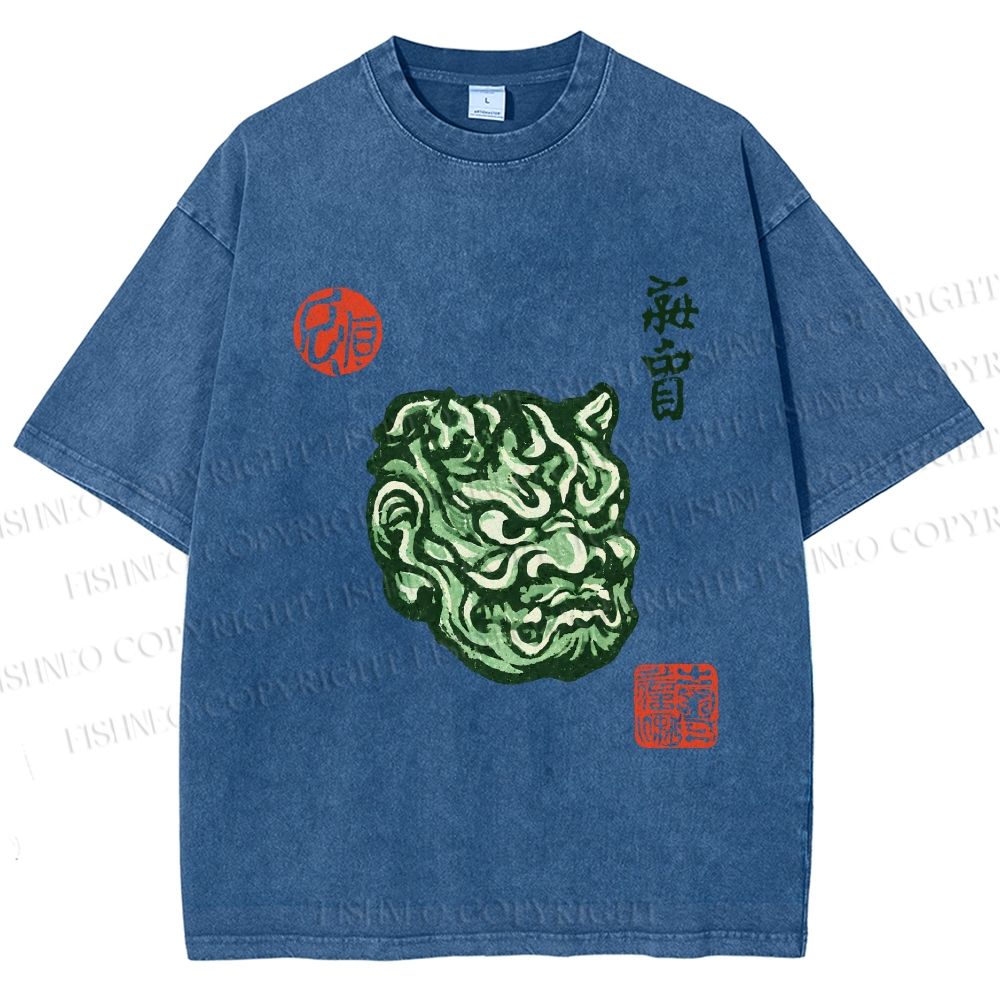 Unisex Japanese Oni Mask Printed Washed Tee