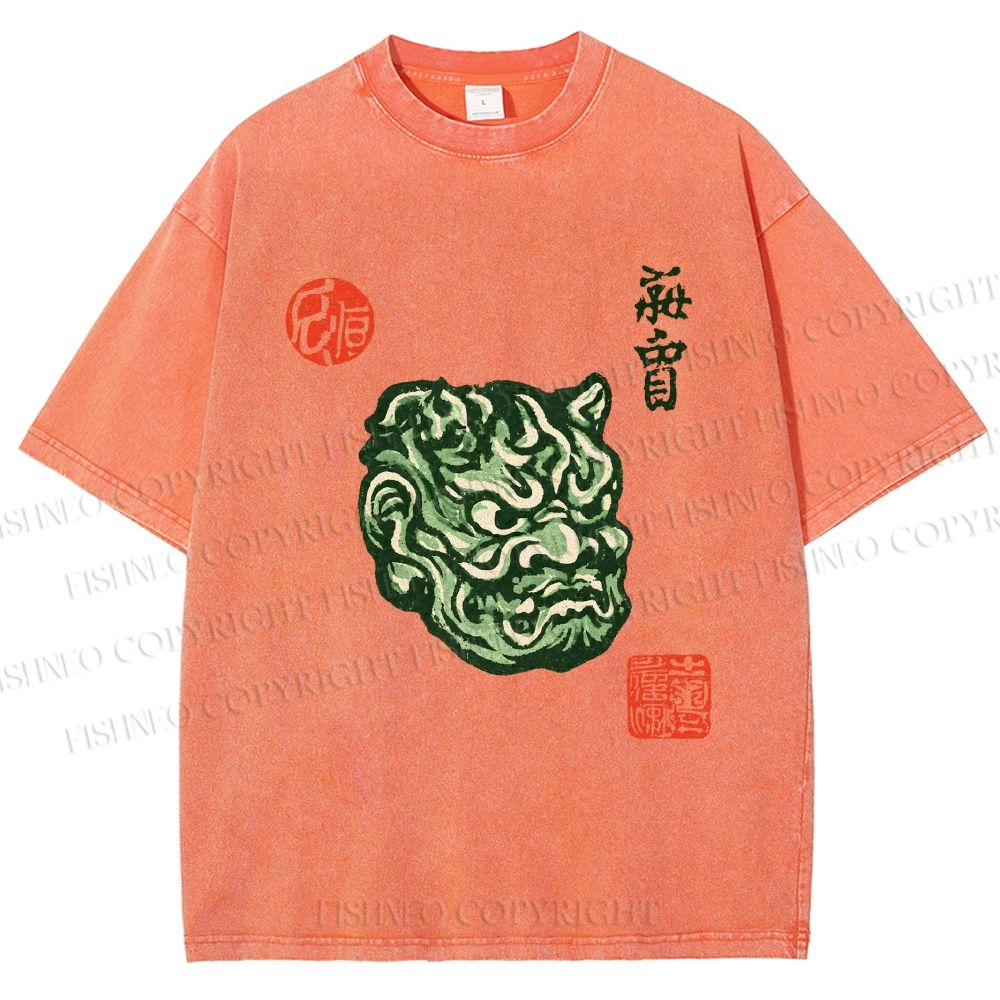 Unisex Japanese Oni Mask Printed Washed Tee