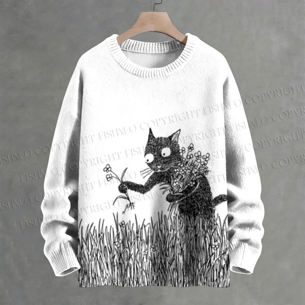 Black Cat Picking Flowers Crew Neck Sweater