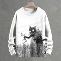 Black Cat Picking Flowers Crew Neck Sweater
