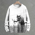 Black Cat Picking Flowers Crew Neck Sweater