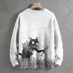 Black Cat Picking Flowers Crew Neck Sweater