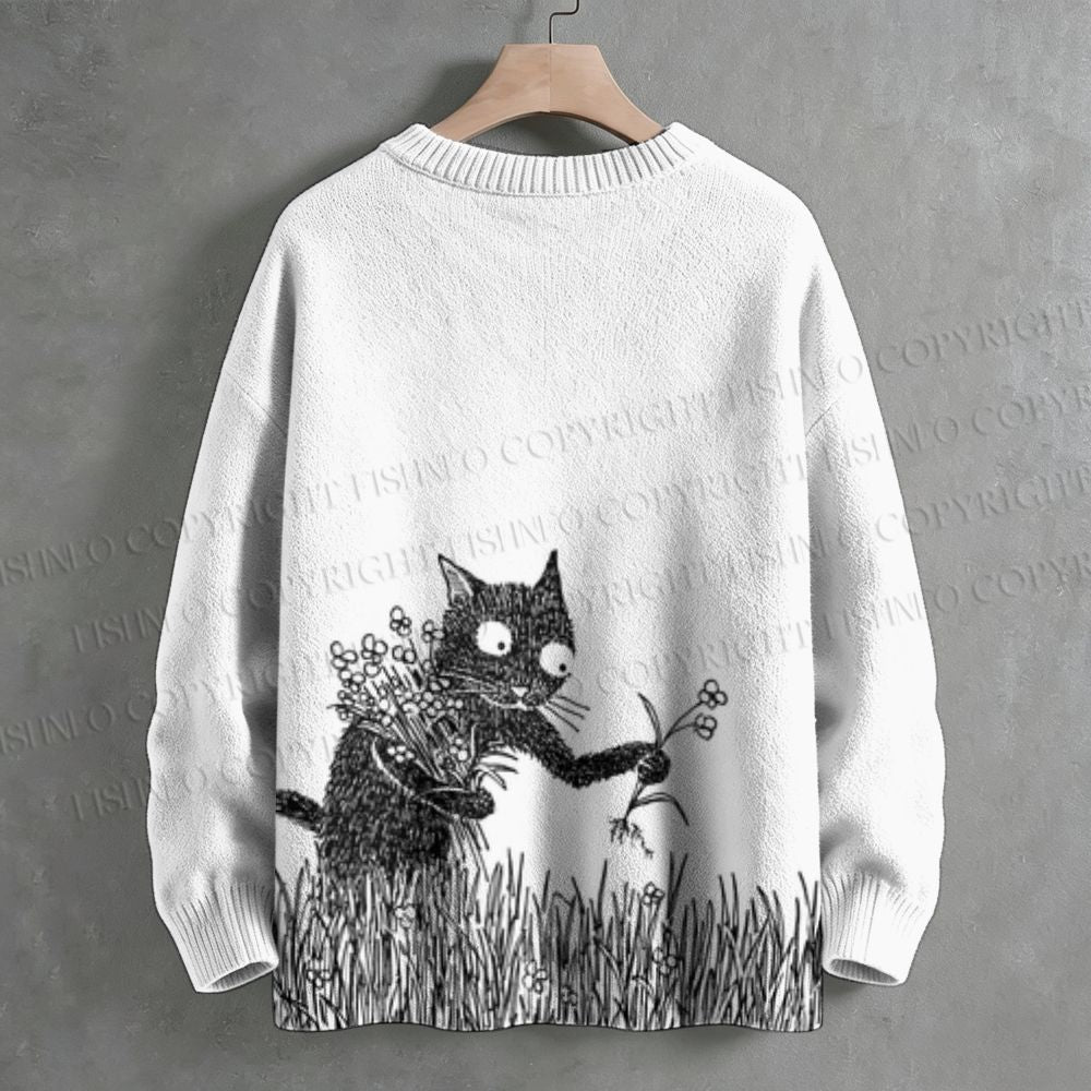 Black Cat Picking Flowers Crew Neck Sweater