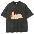 Unisex Halloween Dachshund Printed Washed Tee