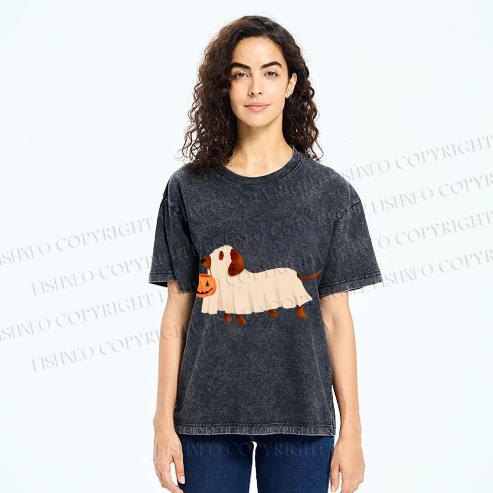 Unisex Halloween Dachshund Printed Washed Tee