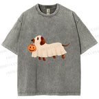 Unisex Halloween Dachshund Printed Washed Tee