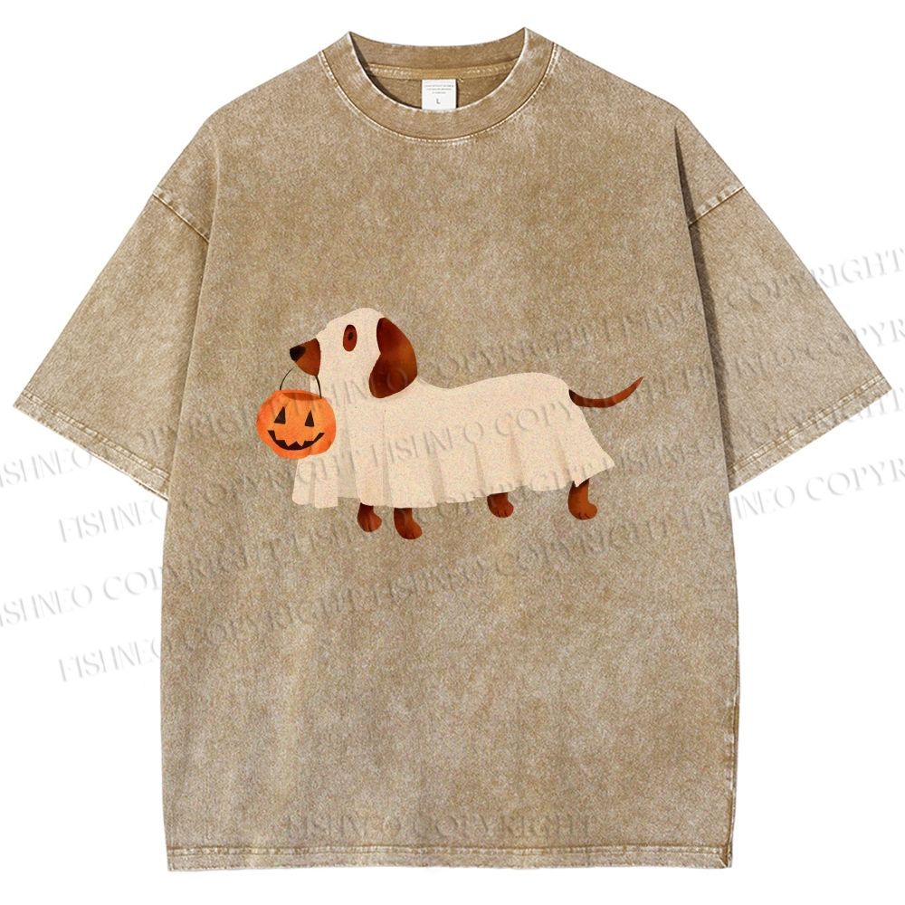 Unisex Halloween Dachshund Printed Washed Tee