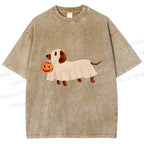 Unisex Halloween Dachshund Printed Washed Tee