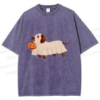 Unisex Halloween Dachshund Printed Washed Tee