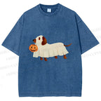 Unisex Halloween Dachshund Printed Washed Tee