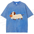 Unisex Halloween Dachshund Printed Washed Tee