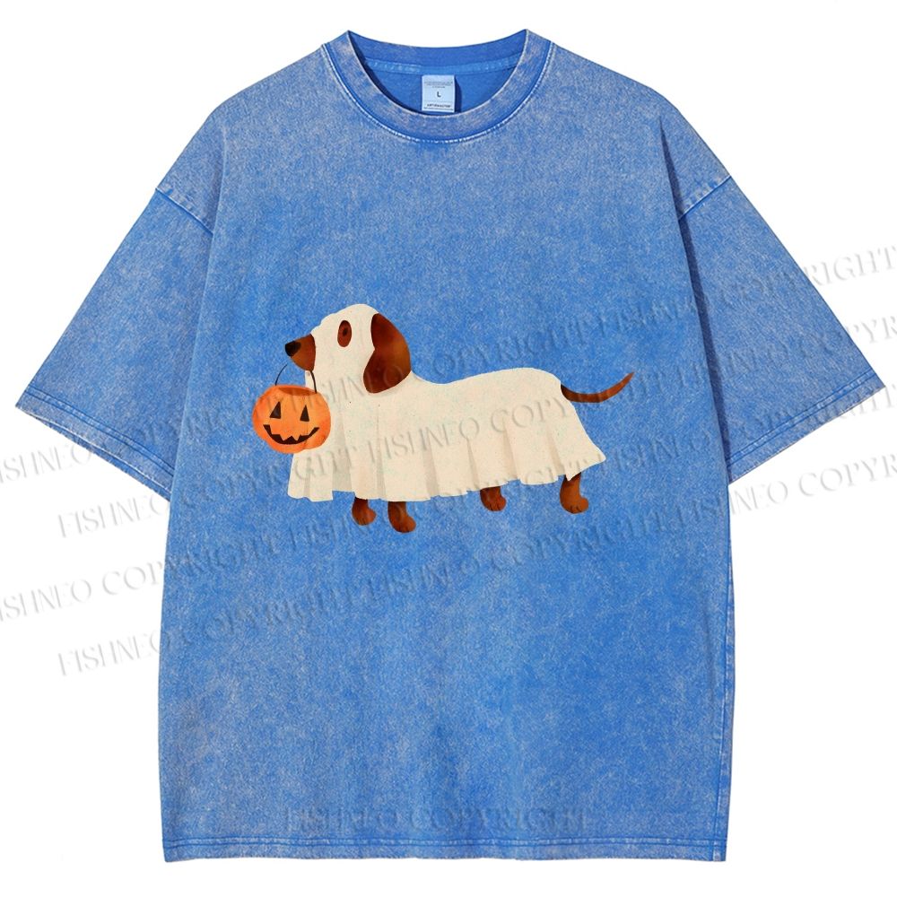 Unisex Halloween Dachshund Printed Washed Tee