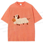 Unisex Halloween Dachshund Printed Washed Tee