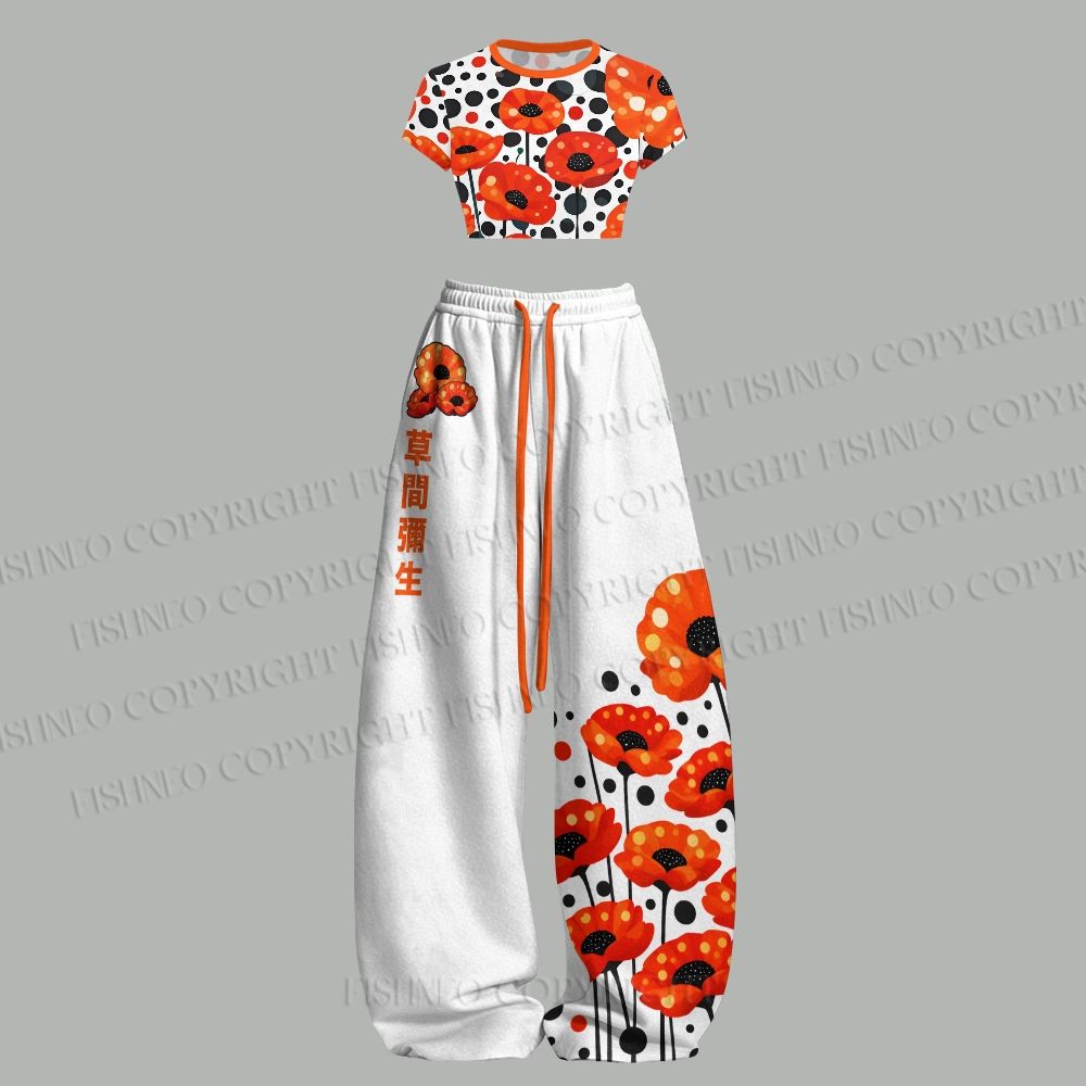 Japanese Yayoi Kusama Flower Women T-Shirt  & Elasticated Trousers Two-Piece Set