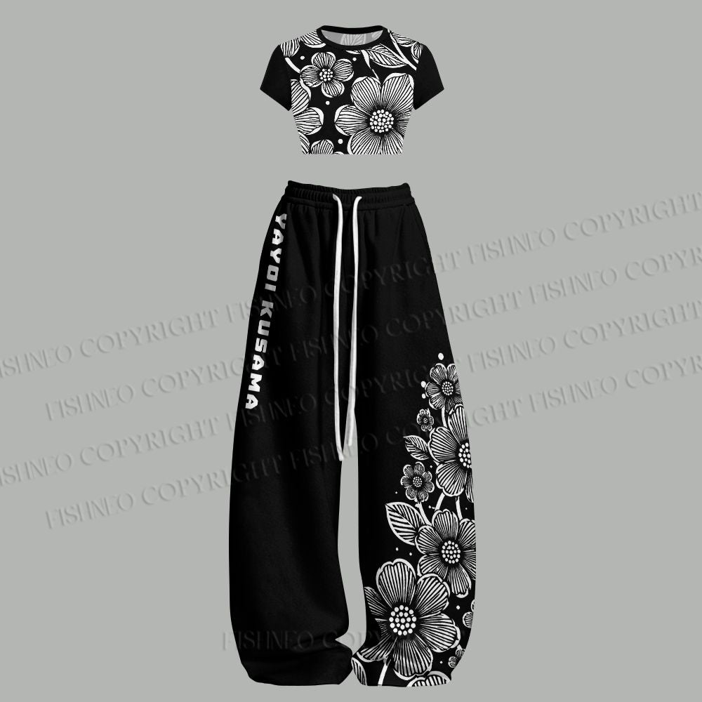 Yayoi Kusama Black Flower Women T-Shirt  & Elasticated Trousers Two-Piece Set