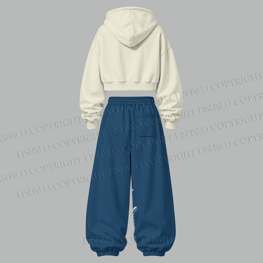 Octopus Japanese Style Women's Cropped Long Sleeve Hoodie & High Waist Jogger Pants Two Piece Tracksuit Set