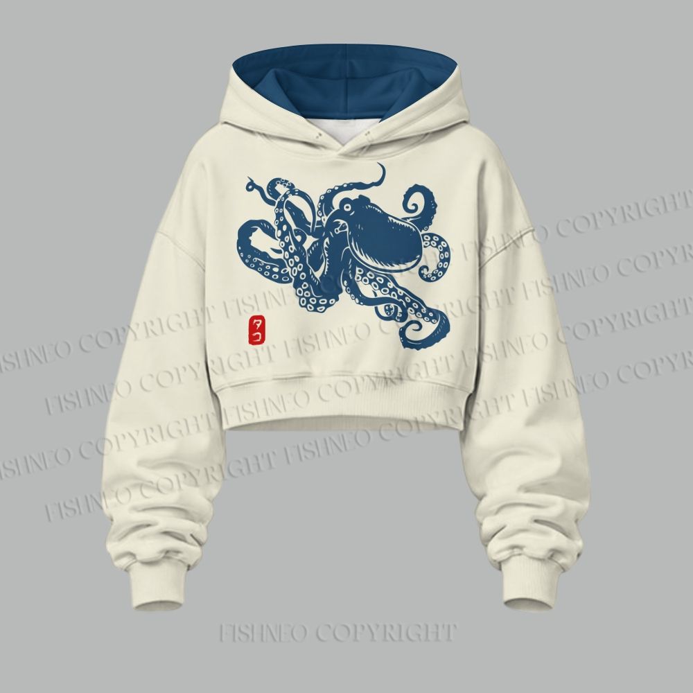 Octopus Japanese Style Women's Cropped Long Sleeve Hoodie & High Waist Jogger Pants Two Piece Tracksuit Set