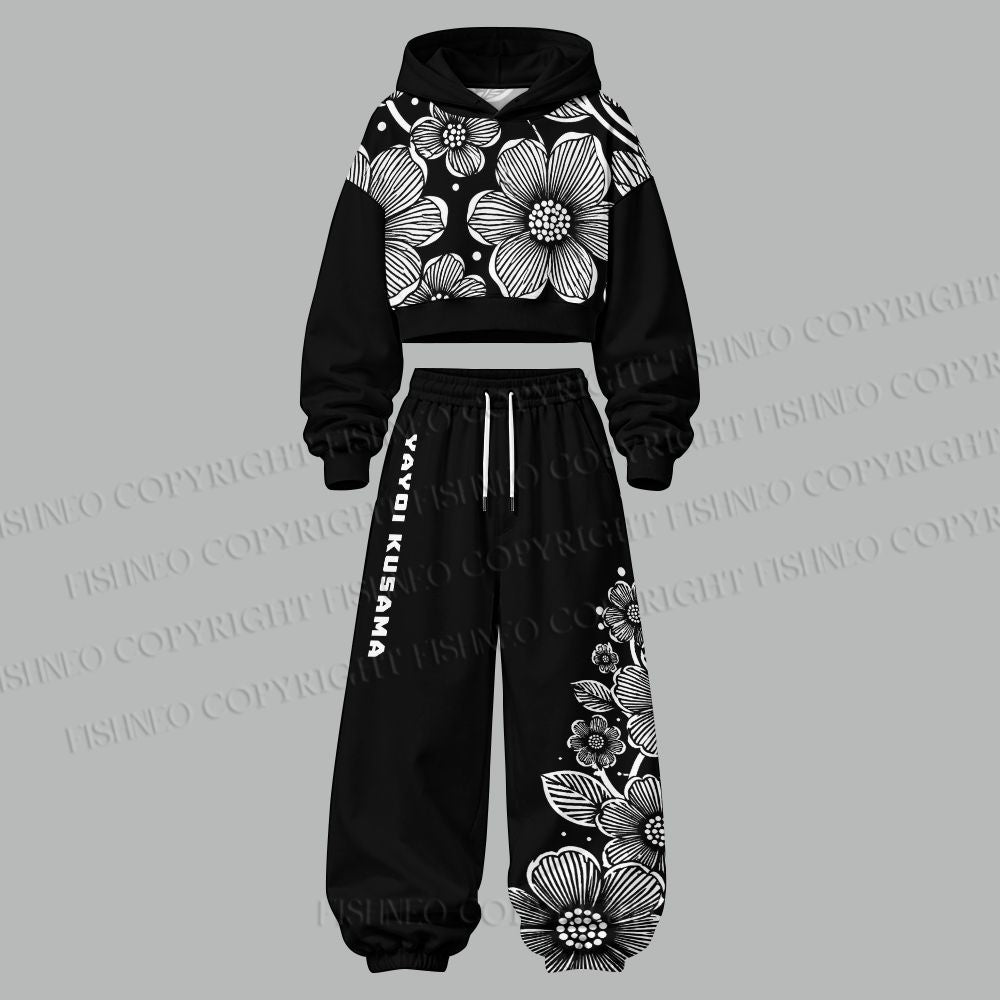 Yayoi Kusama Black Flower Women's Cropped Long Sleeve Hoodie & High Waist Jogger Pants Two Piece Tracksuit Set