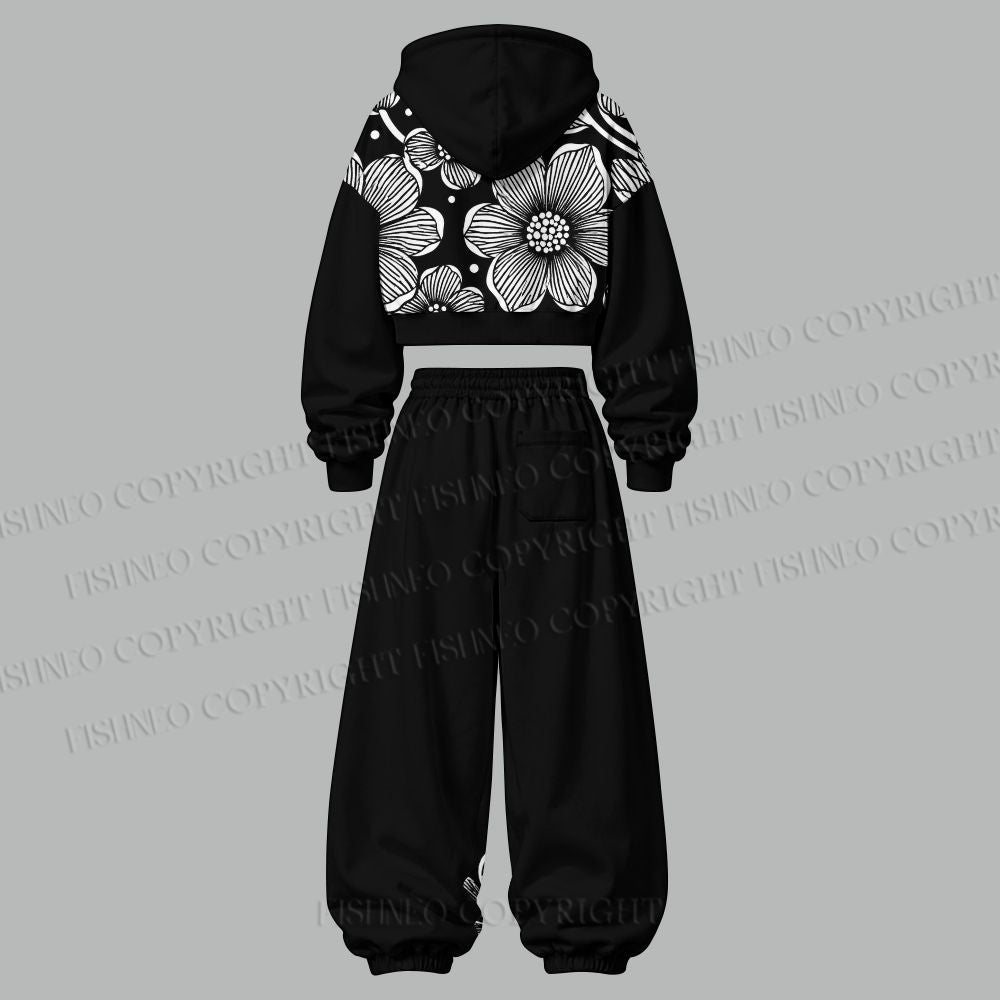 Yayoi Kusama Black Flower Women's Cropped Long Sleeve Hoodie & High Waist Jogger Pants Two Piece Tracksuit Set
