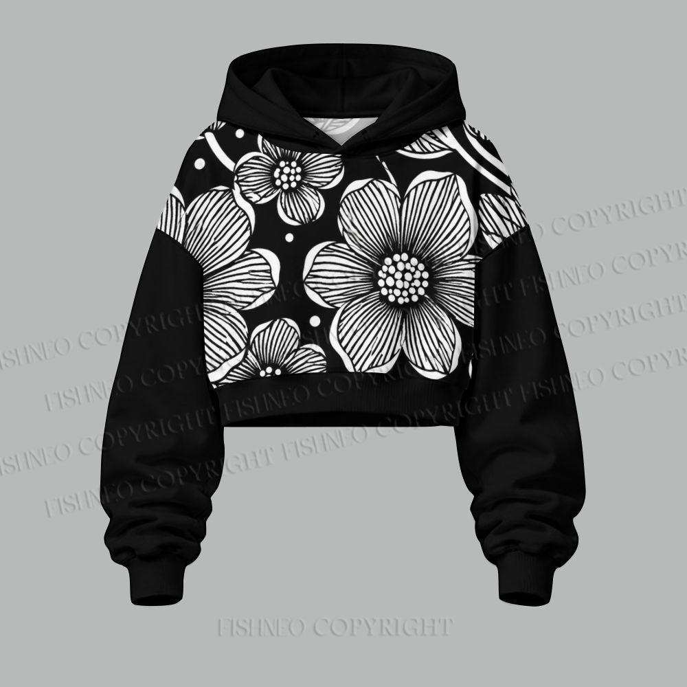 Yayoi Kusama Black Flower Women's Cropped Long Sleeve Hoodie & High Waist Jogger Pants Two Piece Tracksuit Set