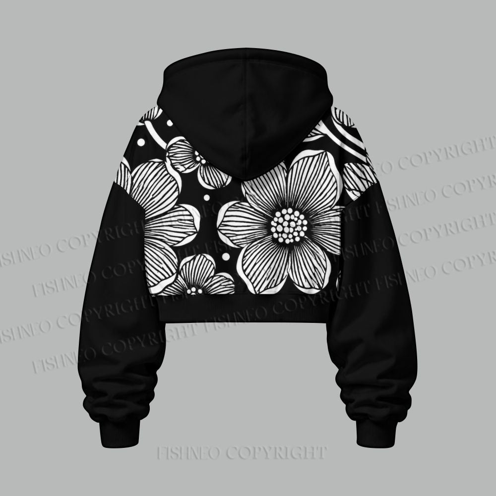 Yayoi Kusama Black Flower Women's Cropped Long Sleeve Hoodie & High Waist Jogger Pants Two Piece Tracksuit Set