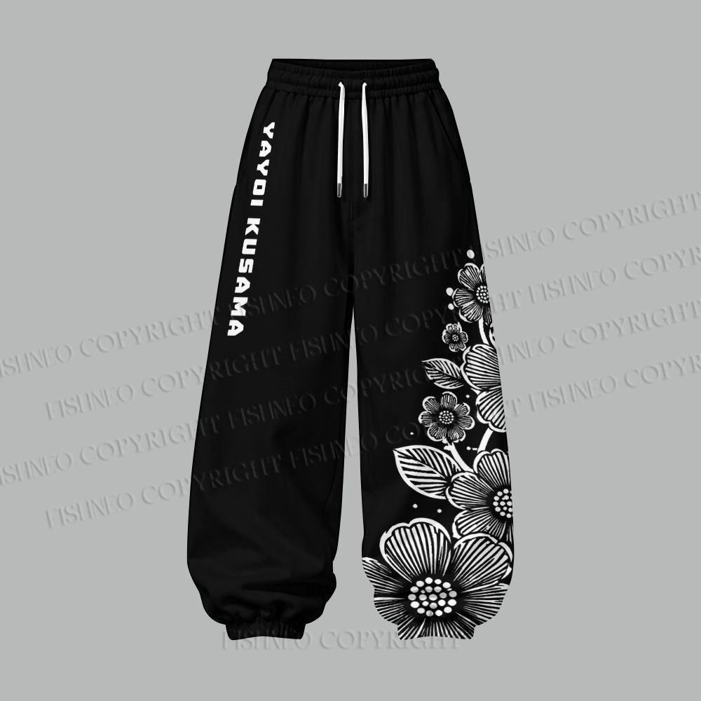 Yayoi Kusama Black Flower Women's Cropped Long Sleeve Hoodie & High Waist Jogger Pants Two Piece Tracksuit Set