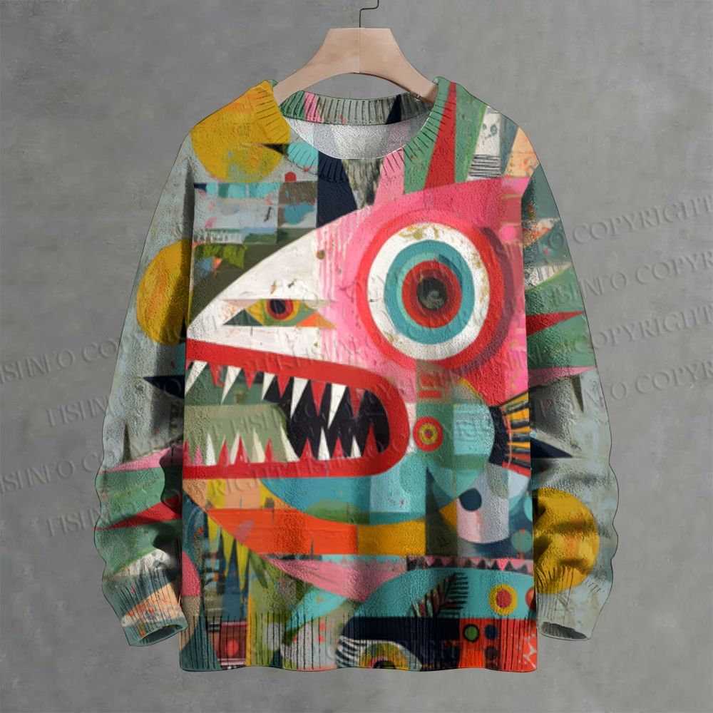 Abstract Geometric Fish Crew Neck Sweater
