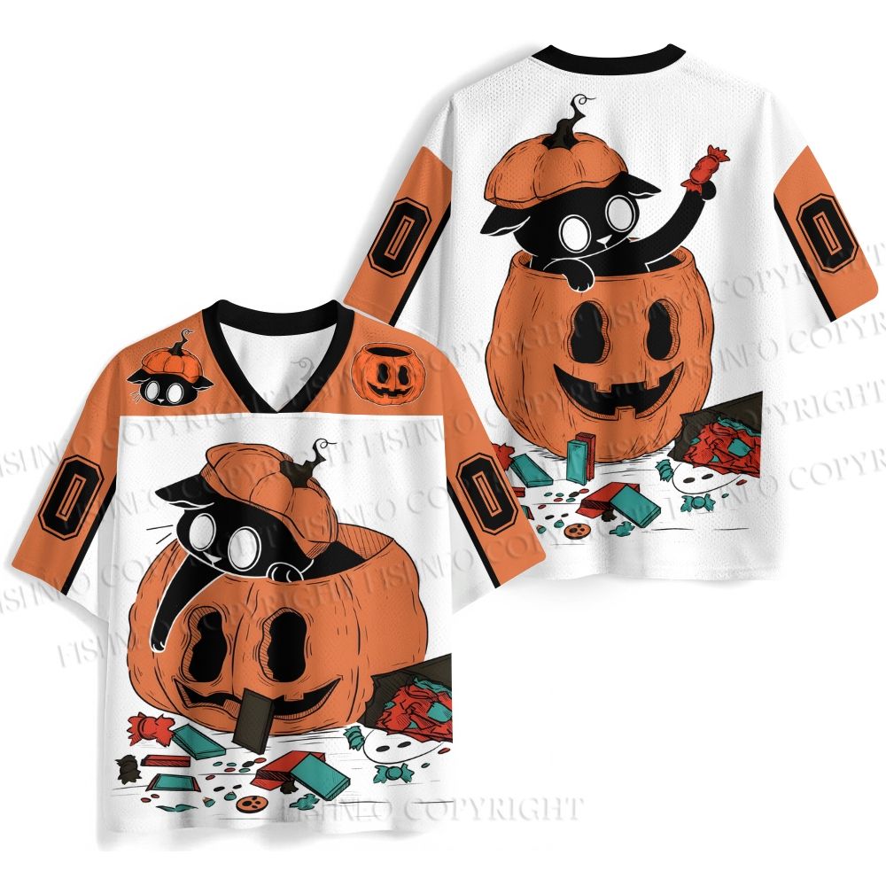 Black Cat in Halloween Pumpkin Jersey Shirts