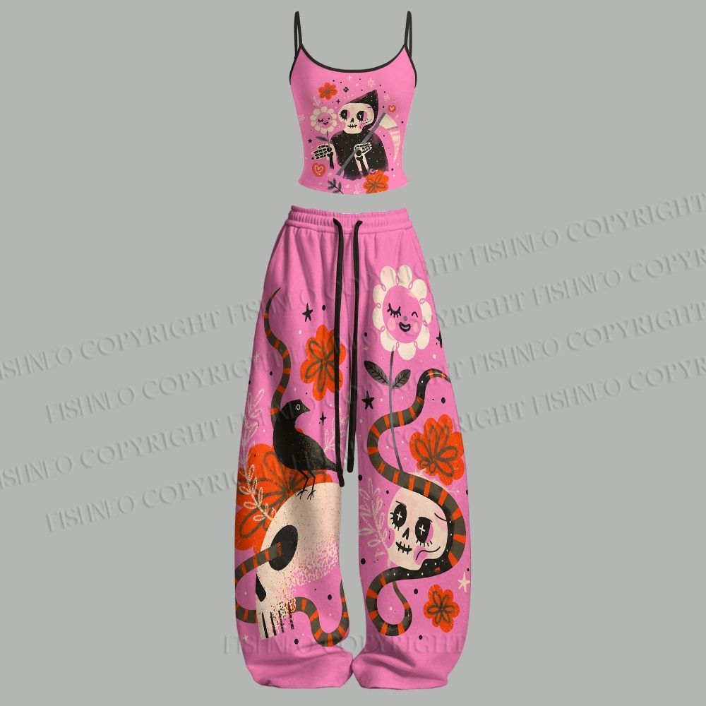 Halloween Sunflower And Grim Reaper Top & Elasticated Trousers Two-Piece Set