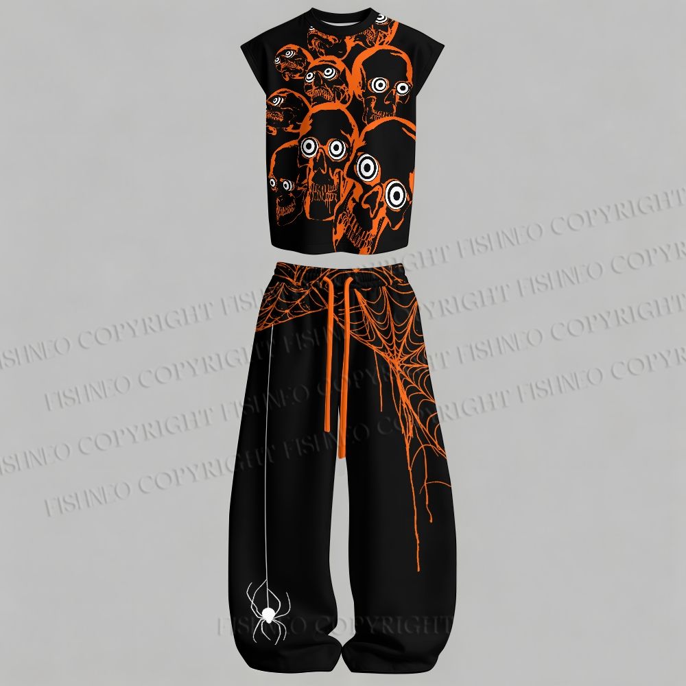 Men's Halloween Skulls Sleeveless Tank Top & Elasticated Trousers pants Two-Piece Streetwear Set