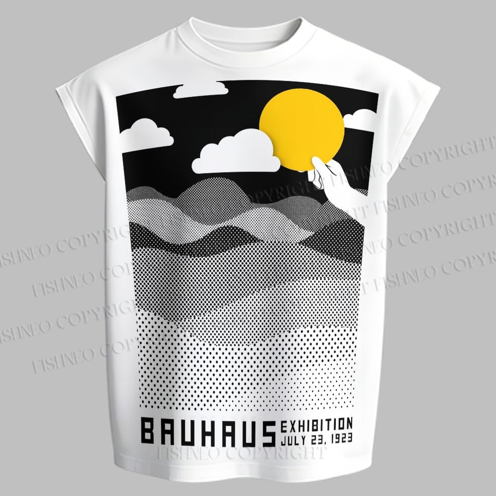 Men's Bauhaus Wave And Sunset Sleeveless Tank Top & Elasticated Trousers pants Two-Piece Streetwear Set