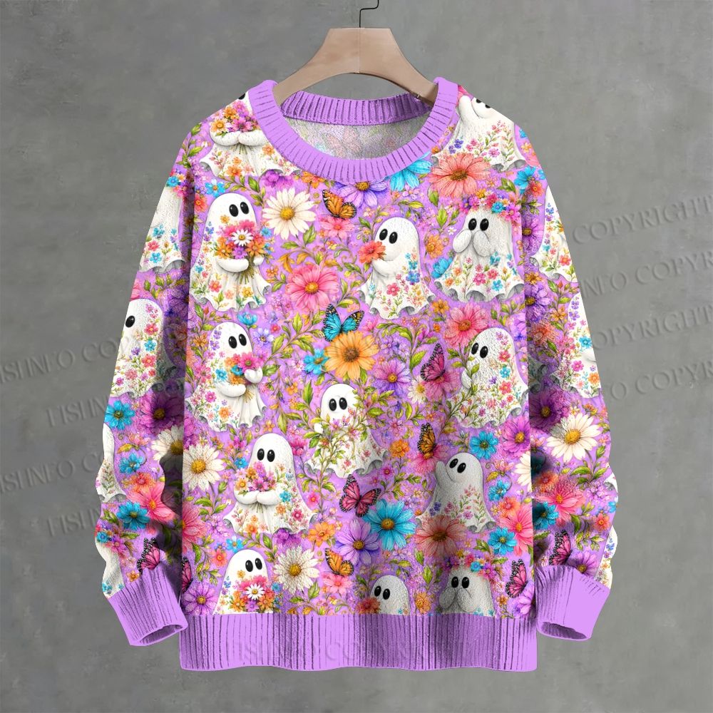 Halloween Floral Ghost Crew Neck Sweater
