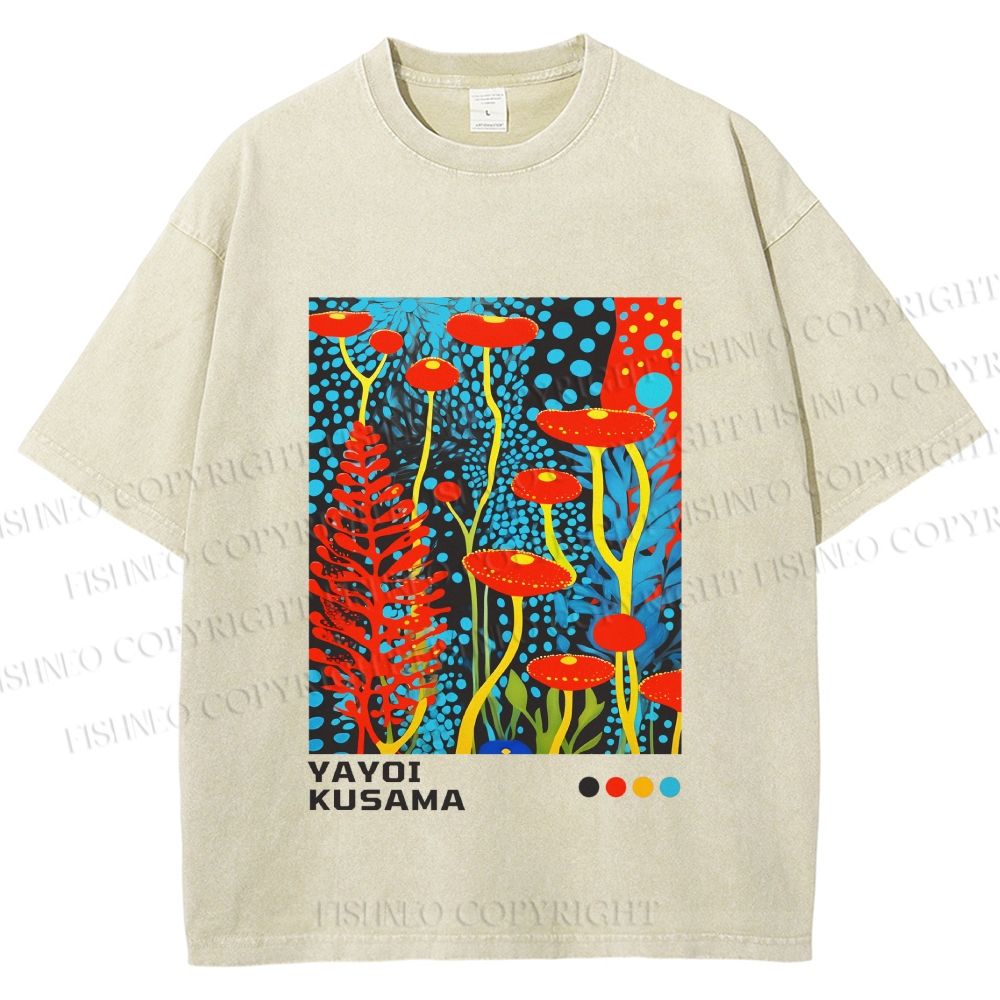 Unisex Yayoi Kusama Mushroom Printed Washed Tee