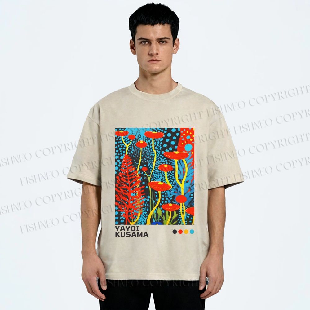 Unisex Yayoi Kusama Mushroom Printed Washed Tee