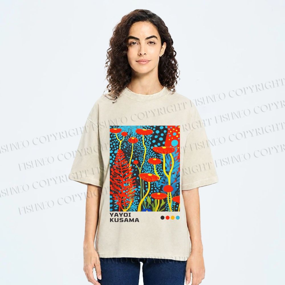 Unisex Yayoi Kusama Mushroom Printed Washed Tee