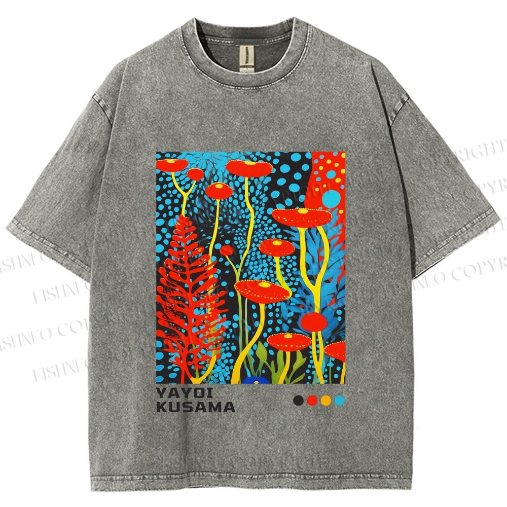 Unisex Yayoi Kusama Mushroom Printed Washed Tee