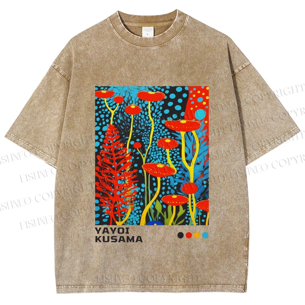 Unisex Yayoi Kusama Mushroom Printed Washed Tee