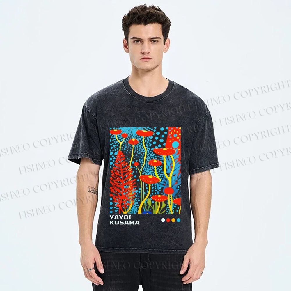 Unisex Yayoi Kusama Mushroom Printed Washed Tee