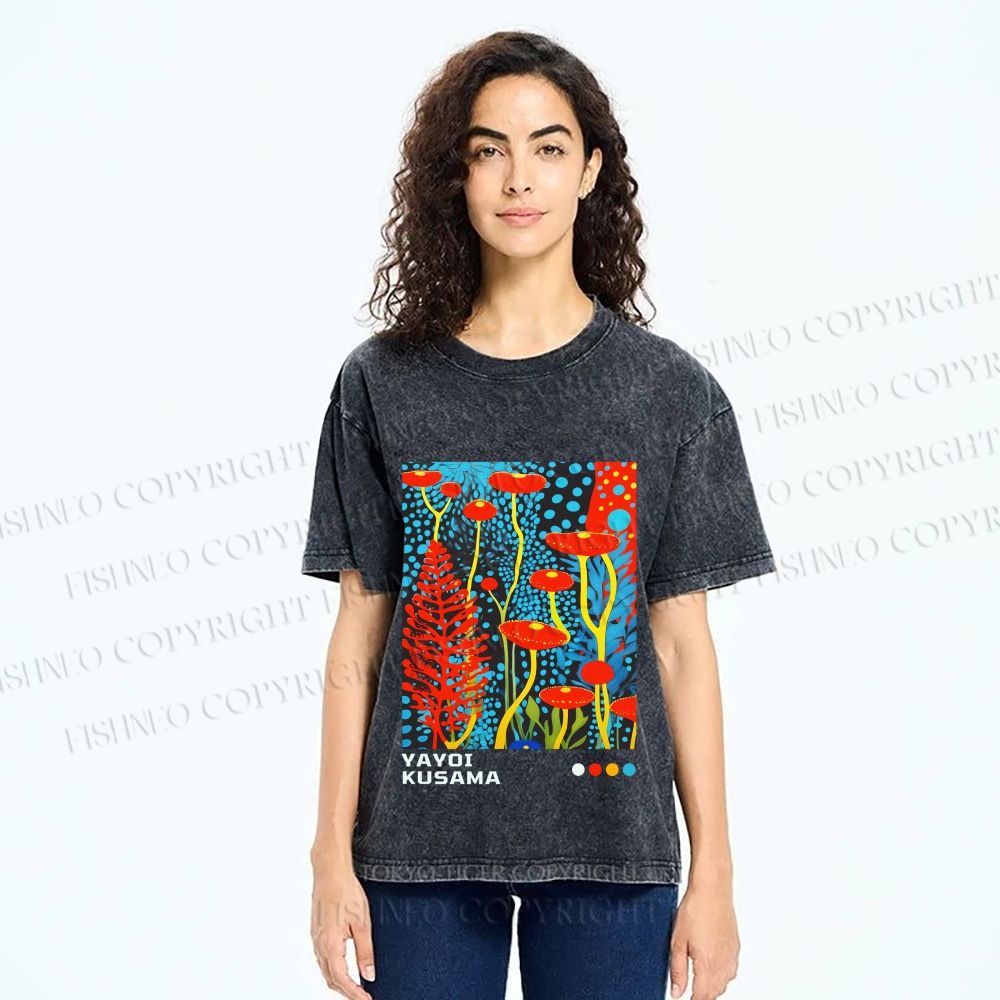 Unisex Yayoi Kusama Mushroom Printed Washed Tee