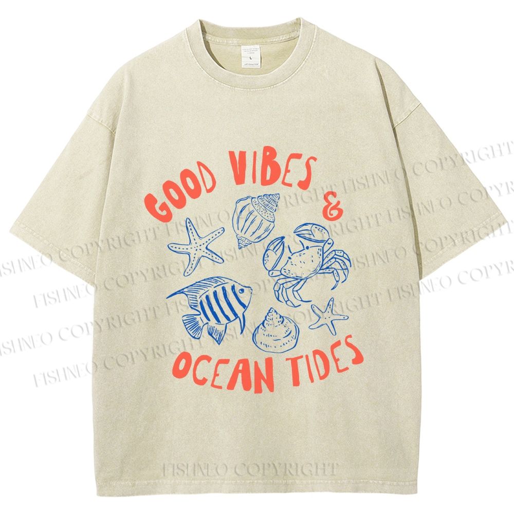 Unisex Good Vibes & Ocean Tides Printed Washed Tee