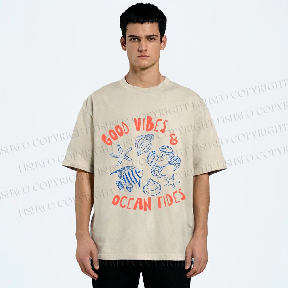 Unisex Good Vibes & Ocean Tides Printed Washed Tee