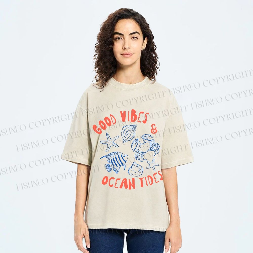 Unisex Good Vibes & Ocean Tides Printed Washed Tee
