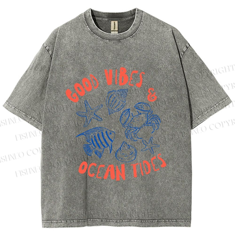 Unisex Good Vibes & Ocean Tides Printed Washed Tee