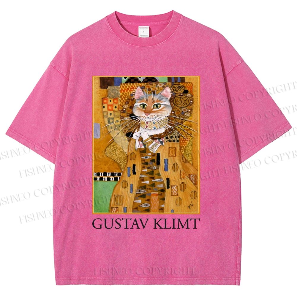 Unisex Klimt Cat Art Printed Washed Tee