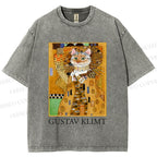 Unisex Klimt Cat Art Printed Washed Tee
