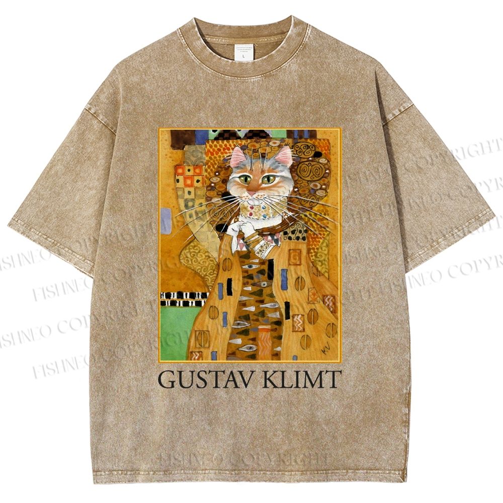 Unisex Klimt Cat Art Printed Washed Tee