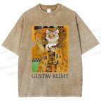 Unisex Klimt Cat Art Printed Washed Tee