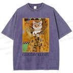 Unisex Klimt Cat Art Printed Washed Tee