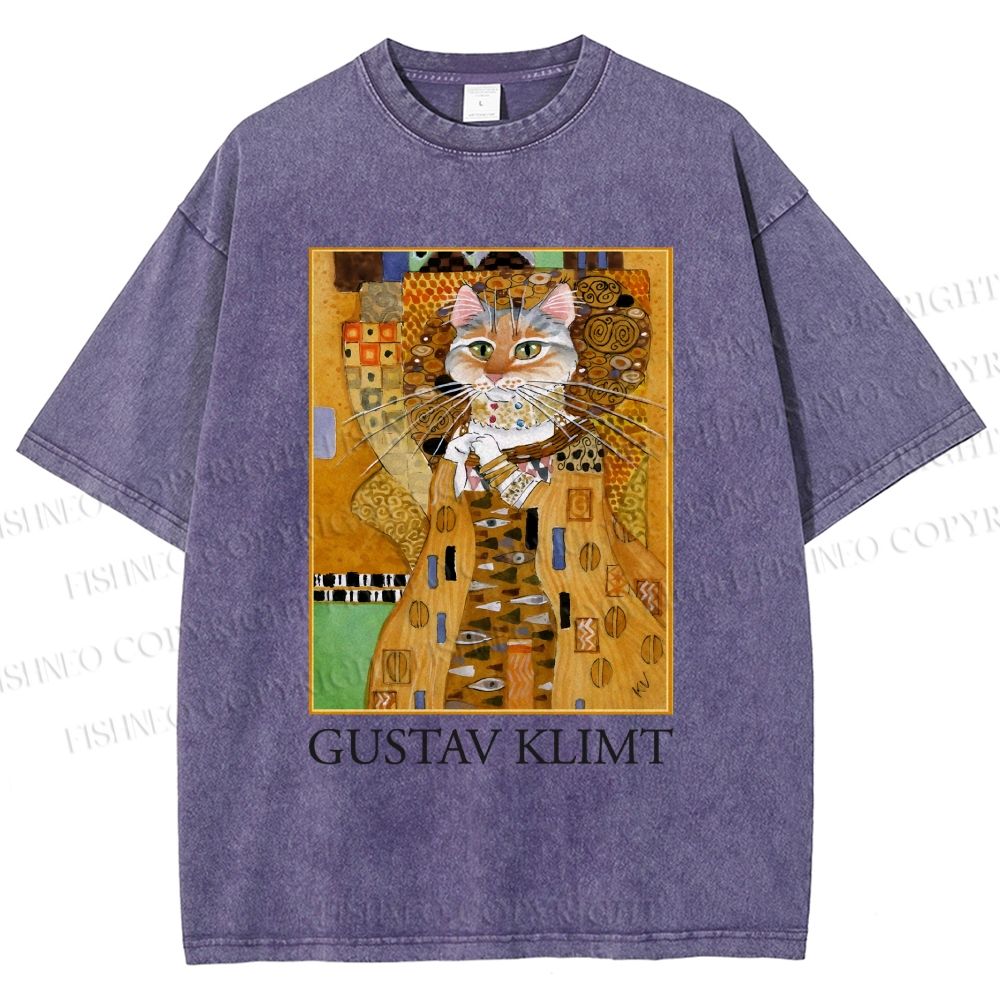 Unisex Klimt Cat Art Printed Washed Tee