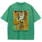 Unisex Klimt Cat Art Printed Washed Tee
